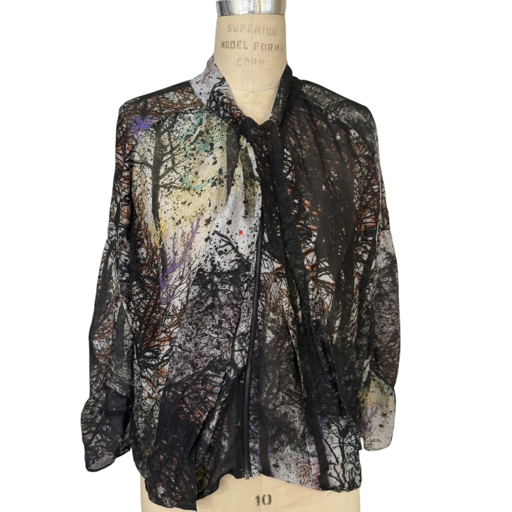 Mulberry Blouse Womens 4 Black Silk Abstract Forest Print Full Zip Tie Neck